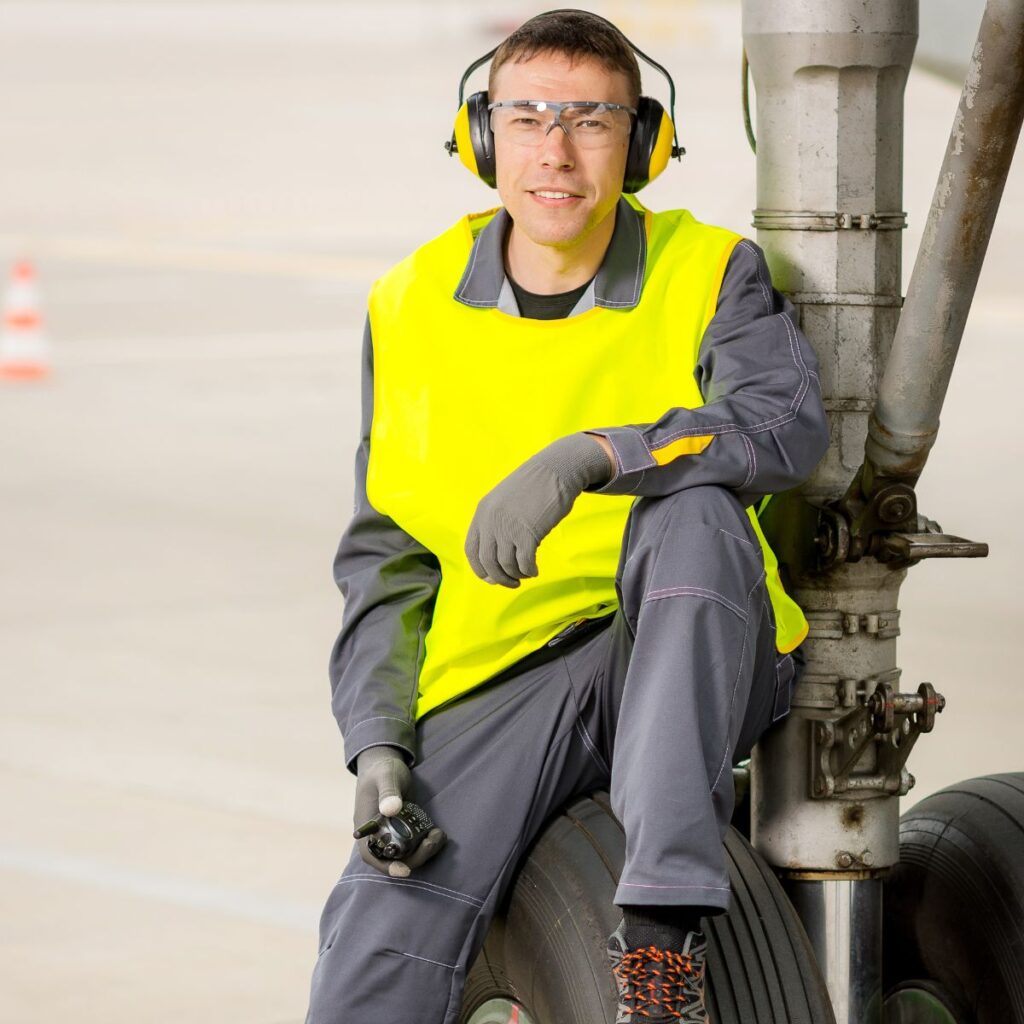 Photo of a man sitting on a wheel of a plane at Heathrow Airport. He's wearing ear defenders and high viz.