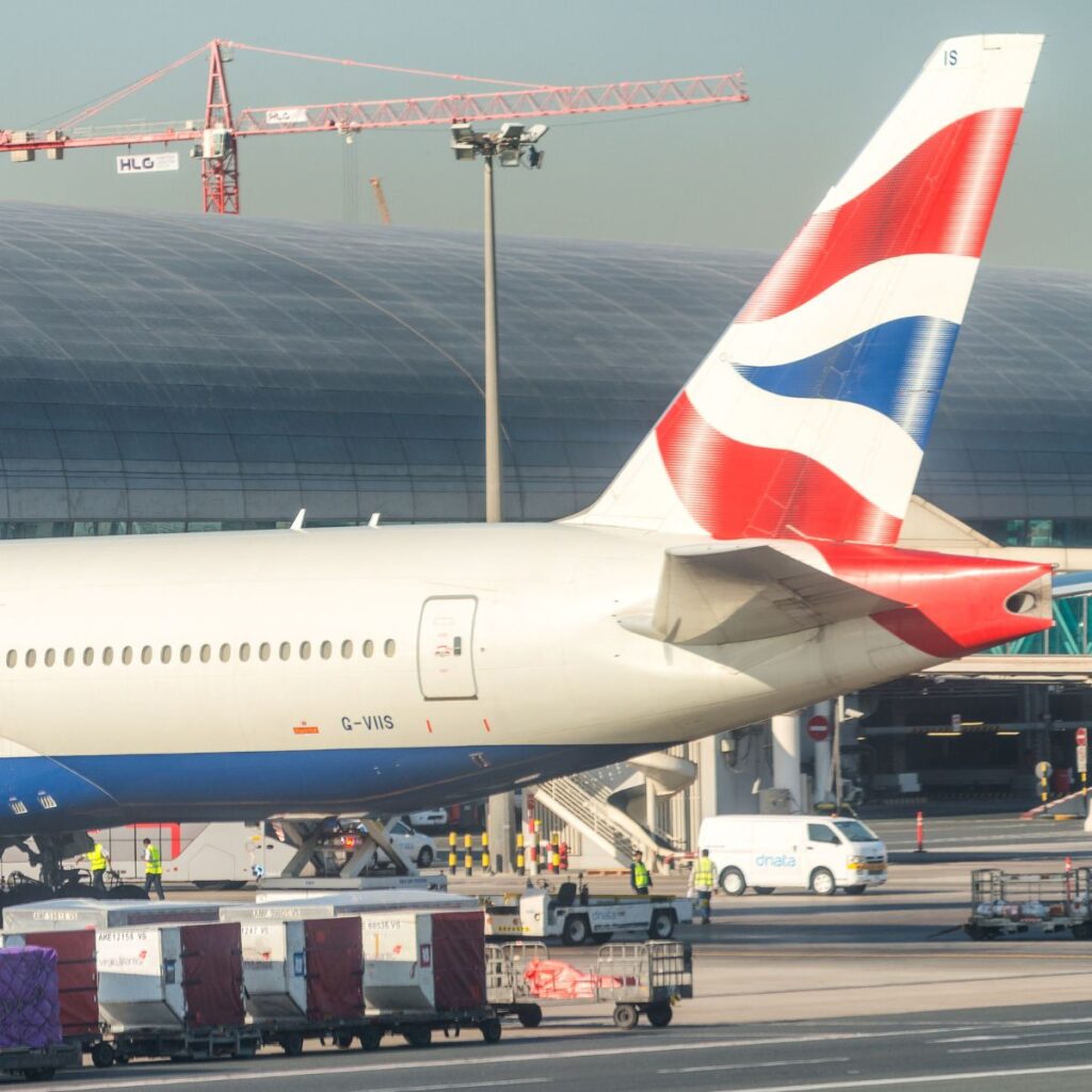 Photo of the back of a British Airways plan at Heathrow Airport