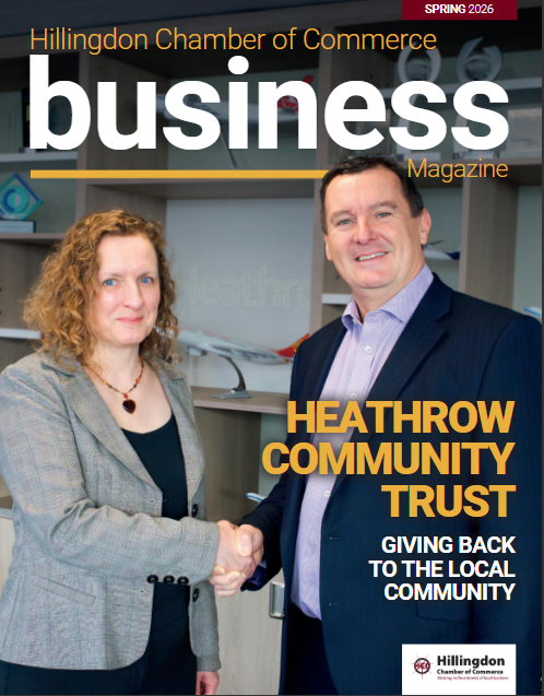 Front cover of the Hillingdon Chamber Business Magazine shows a man and woman shaking hands.